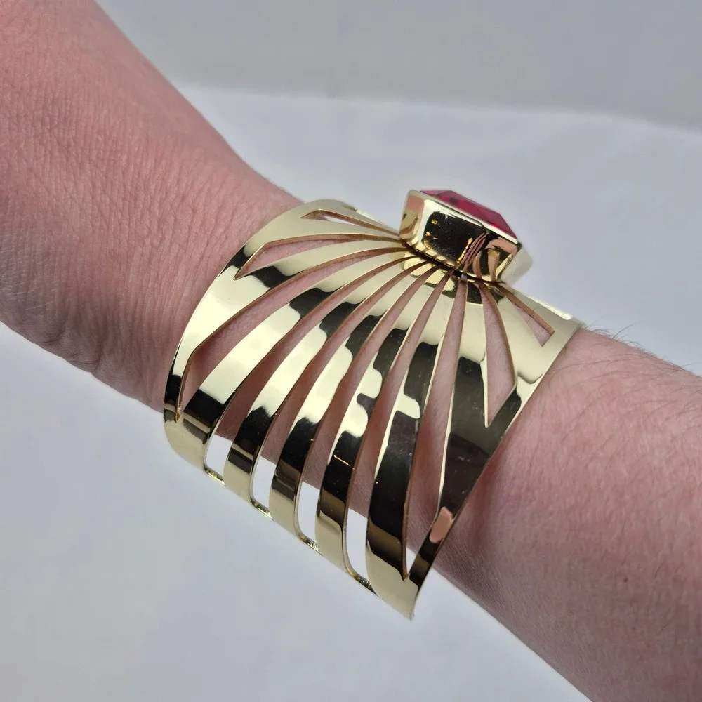 Heidi Daus Sunray Goldtone Octagonal Stone Cuff Bracelet Red Art Deco Style NWOT